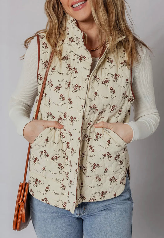 Floral print quilted vest