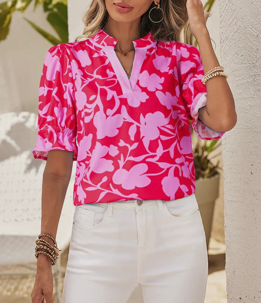 Pink and red floral blouse