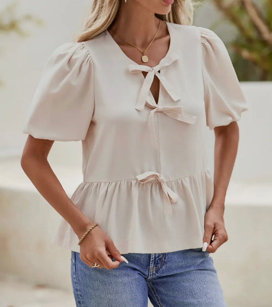 Bow tie puff sleeve blouse