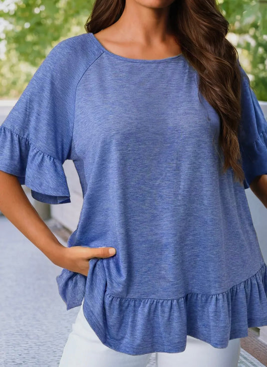 Ruffled short sleeve blouse plus