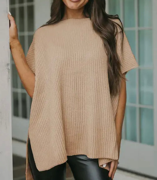 Short sleeve side slit oversized sweater