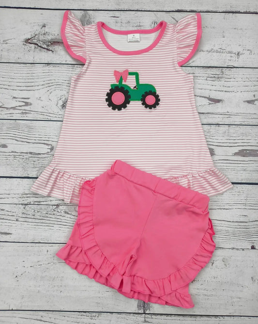 Girls tractor appliqué farm shorts set