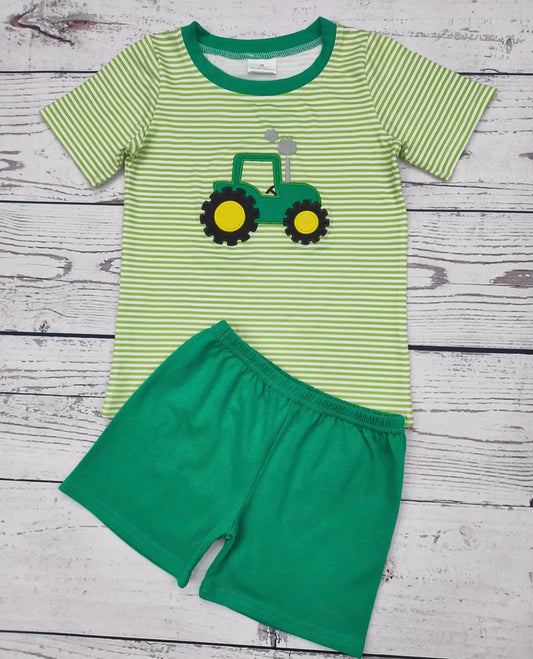 Boys tractor appliqué farm shorts set
