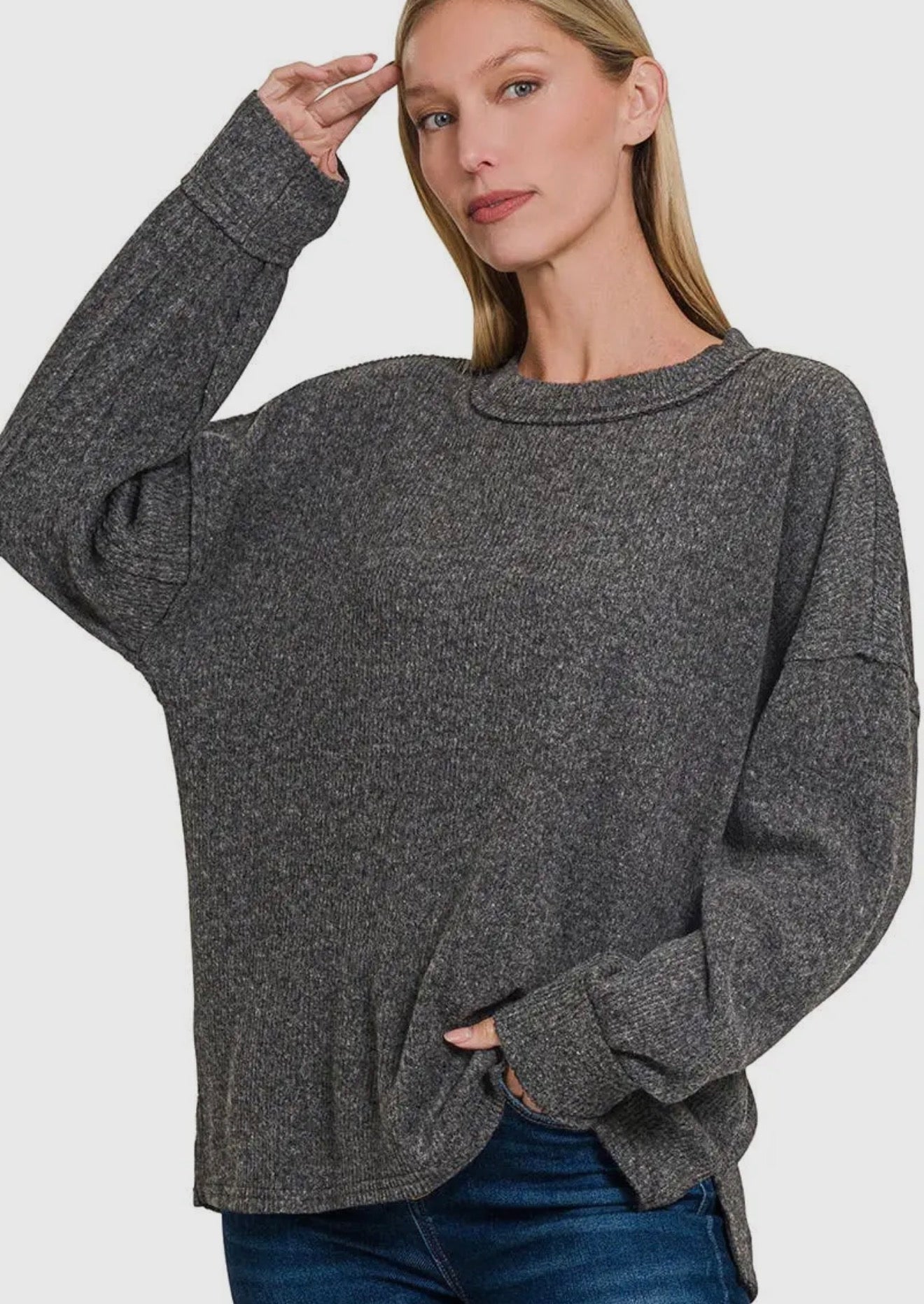 Brushed ribbed exposed seam sweater black