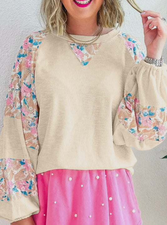 Textured patchwork balloon sleeve blouse