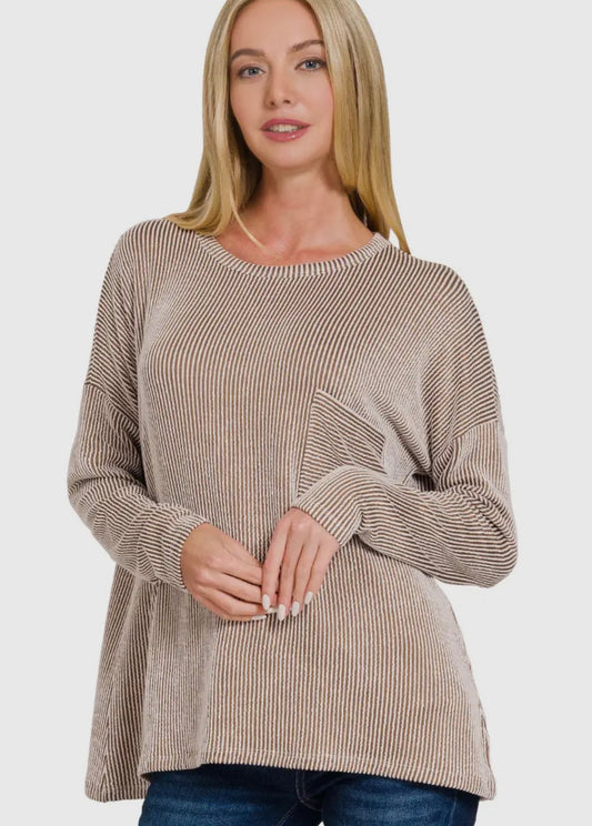Ribbed striped oversized long sleeve top mocha