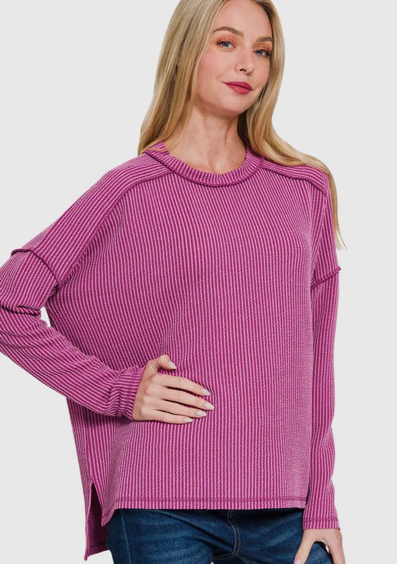 Raised rib raw edge long sleeve top top plum