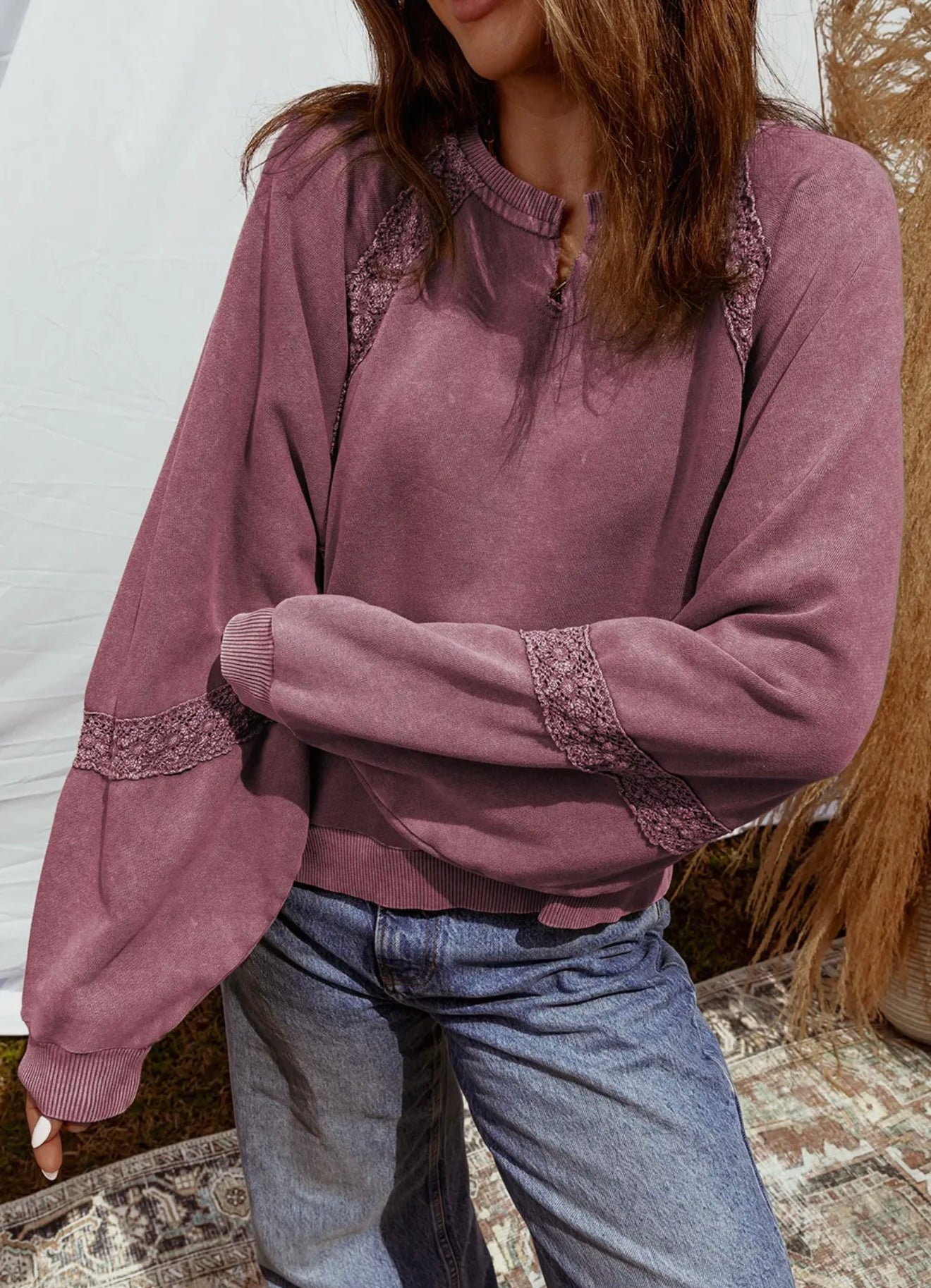 Lace mineral wash sweatshirt