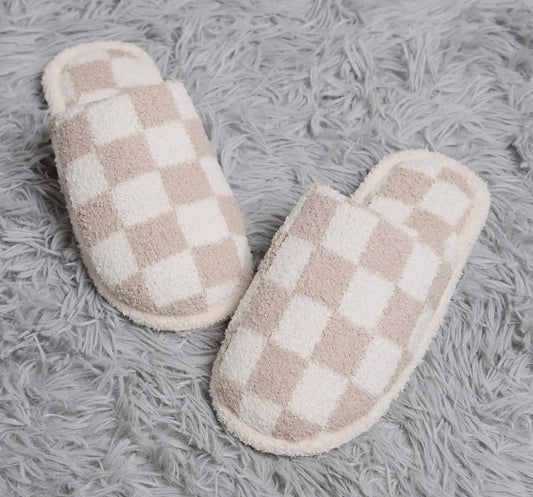 Beige checkered print slippers with hard bottom