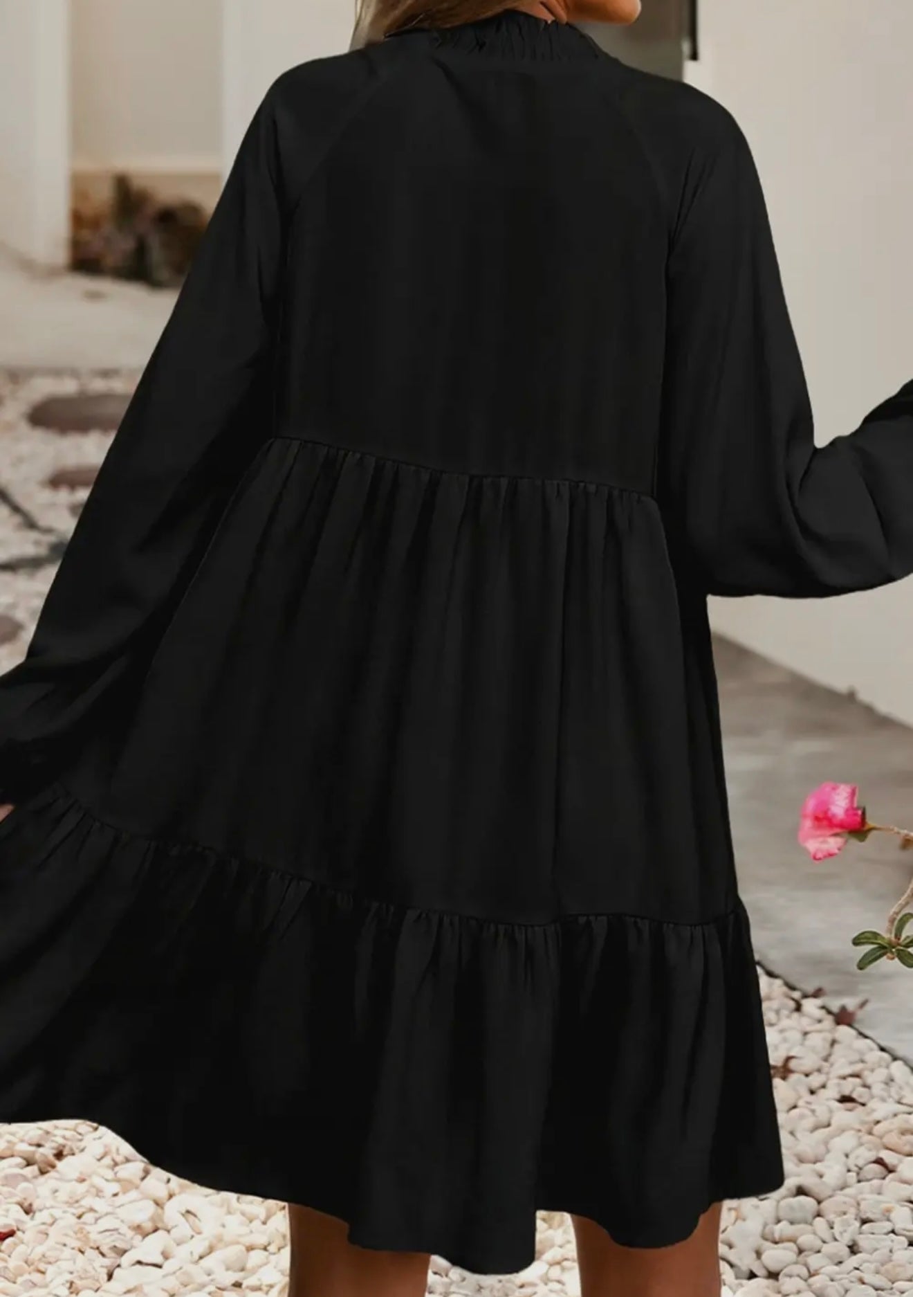 Ruffle hem long sleeve black dress