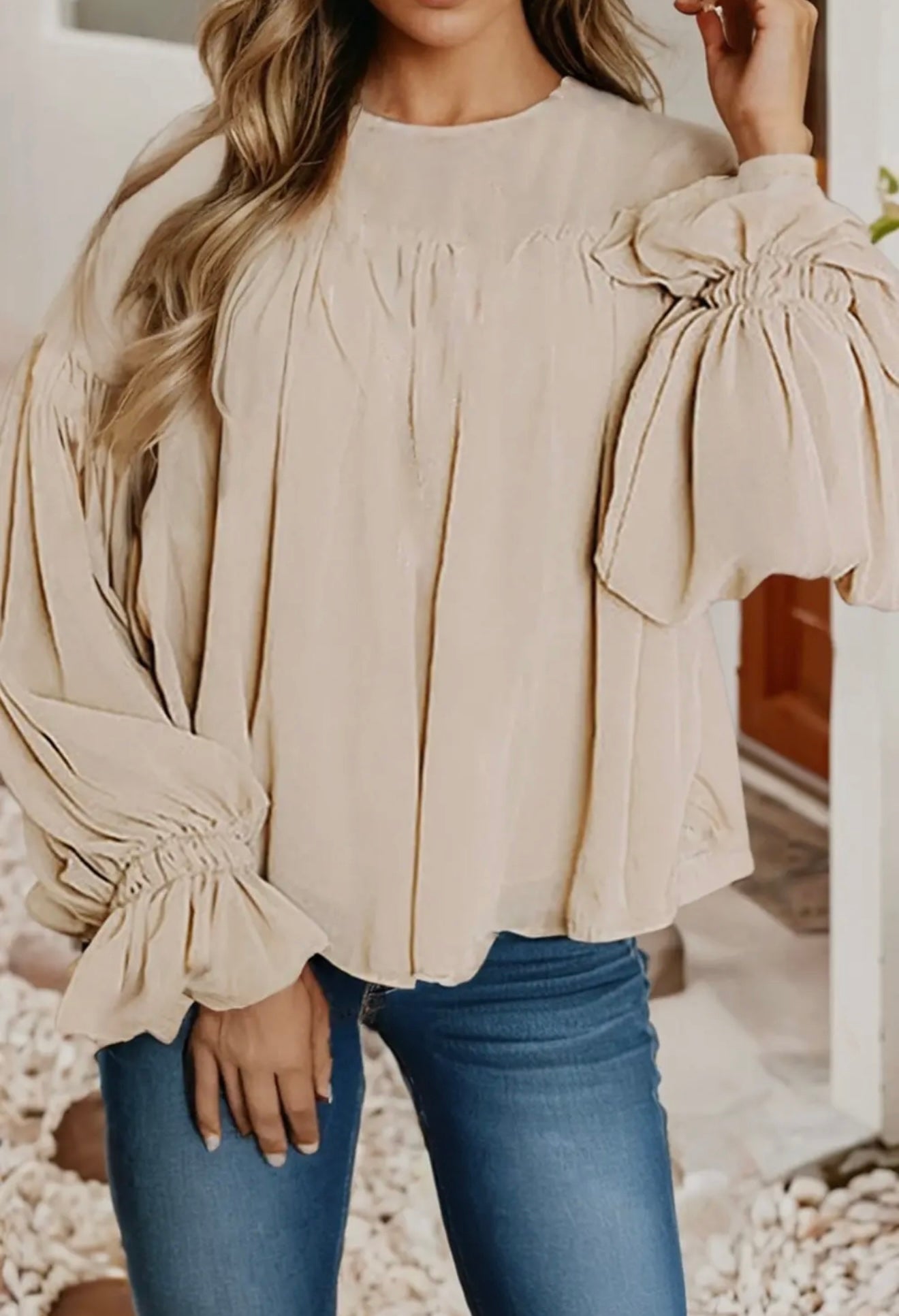 Pleaded ruffle long sleeve chiffon blouse