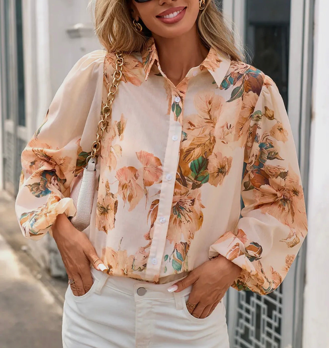 Floral puff sleeve light weight blouse