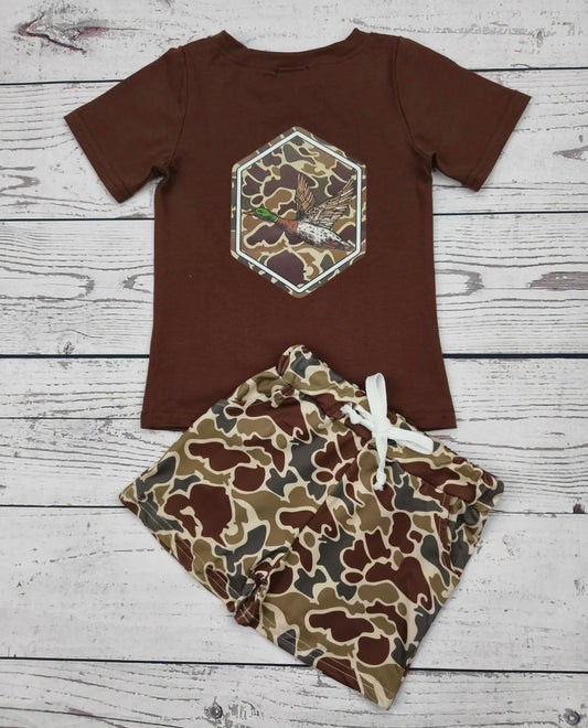 Brown camo duck shorts set