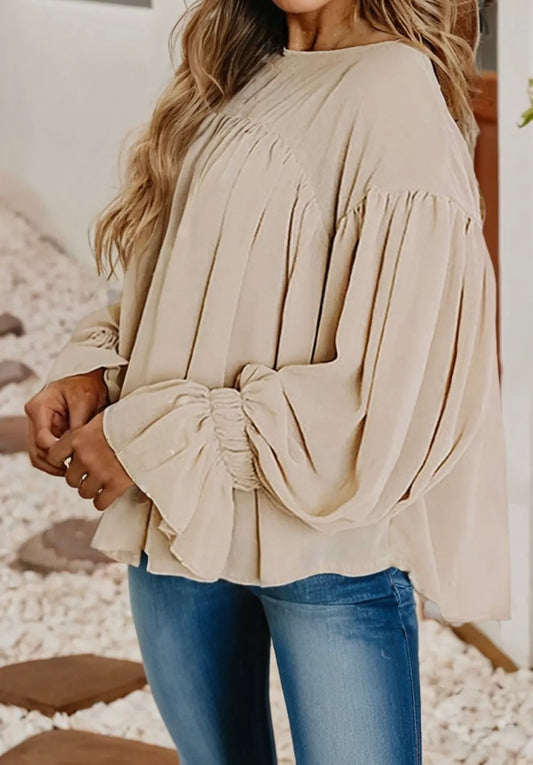 Pleaded ruffle long sleeve chiffon blouse