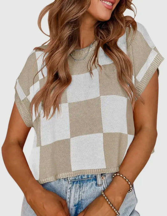 Checkered color block knit vest