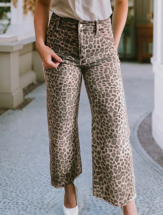 Leopard print wide leg jeans