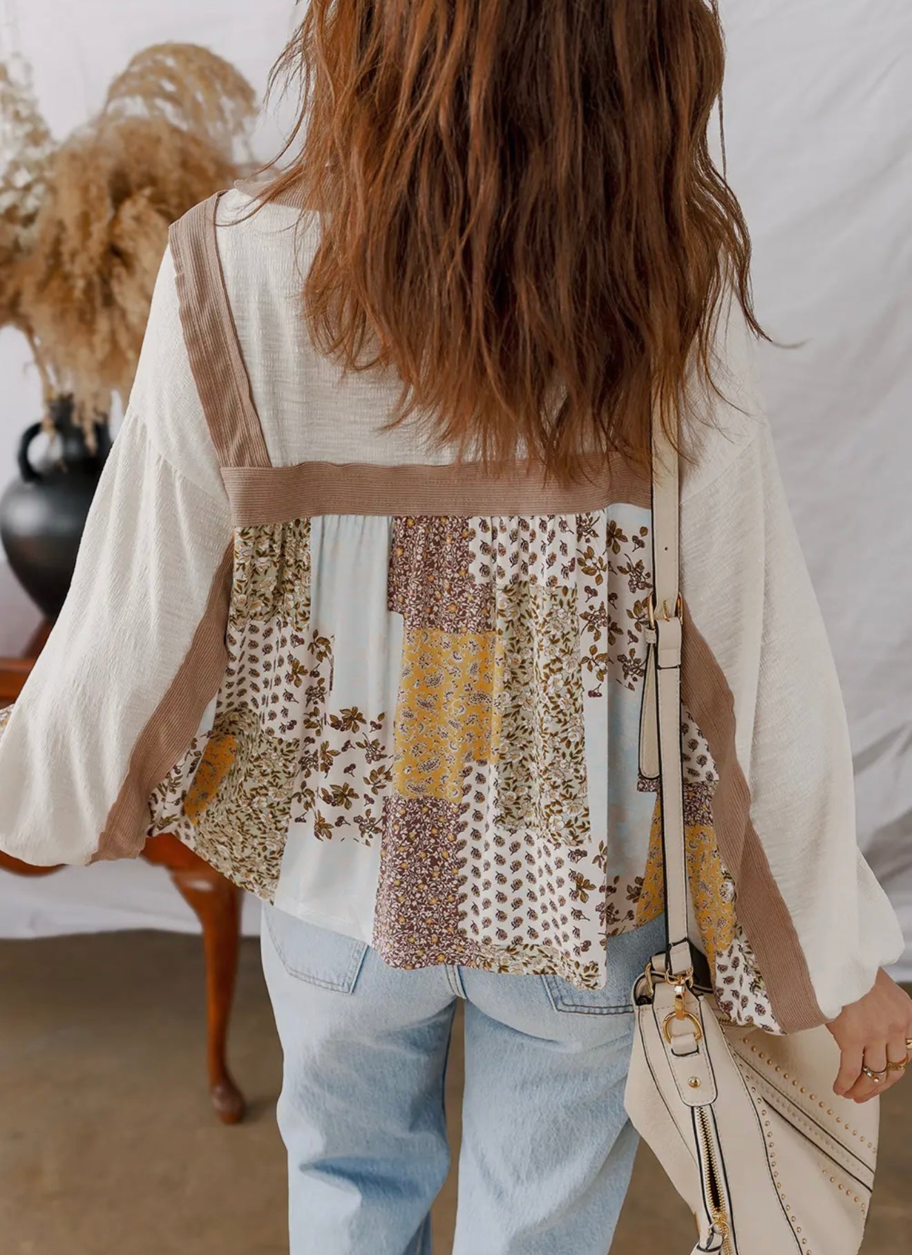 Floral printed patchwork long sleeve top