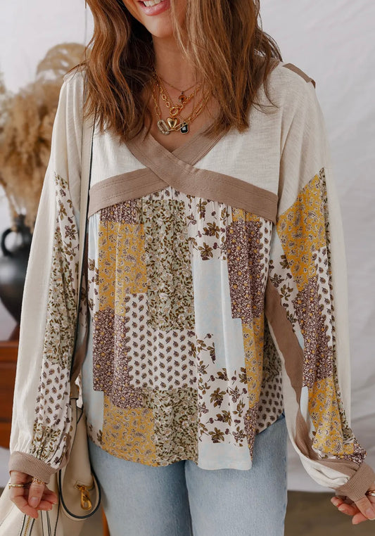 Floral printed patchwork long sleeve top