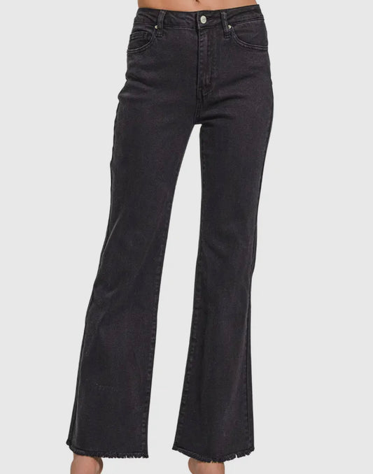 Acid wash frayed hem straight leg jeans