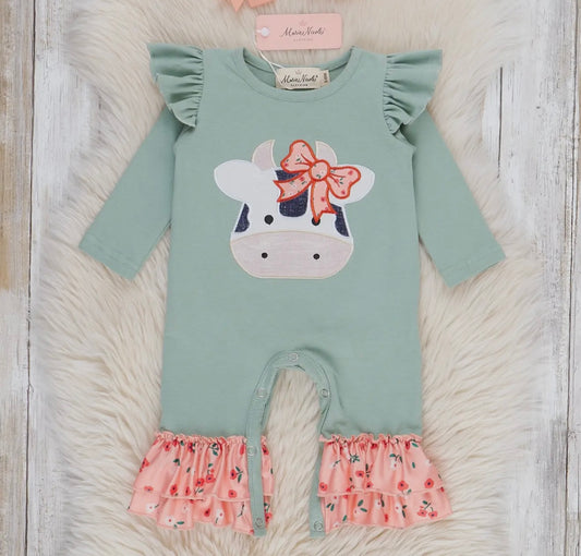 Mint & coral embroidered cow floral romper