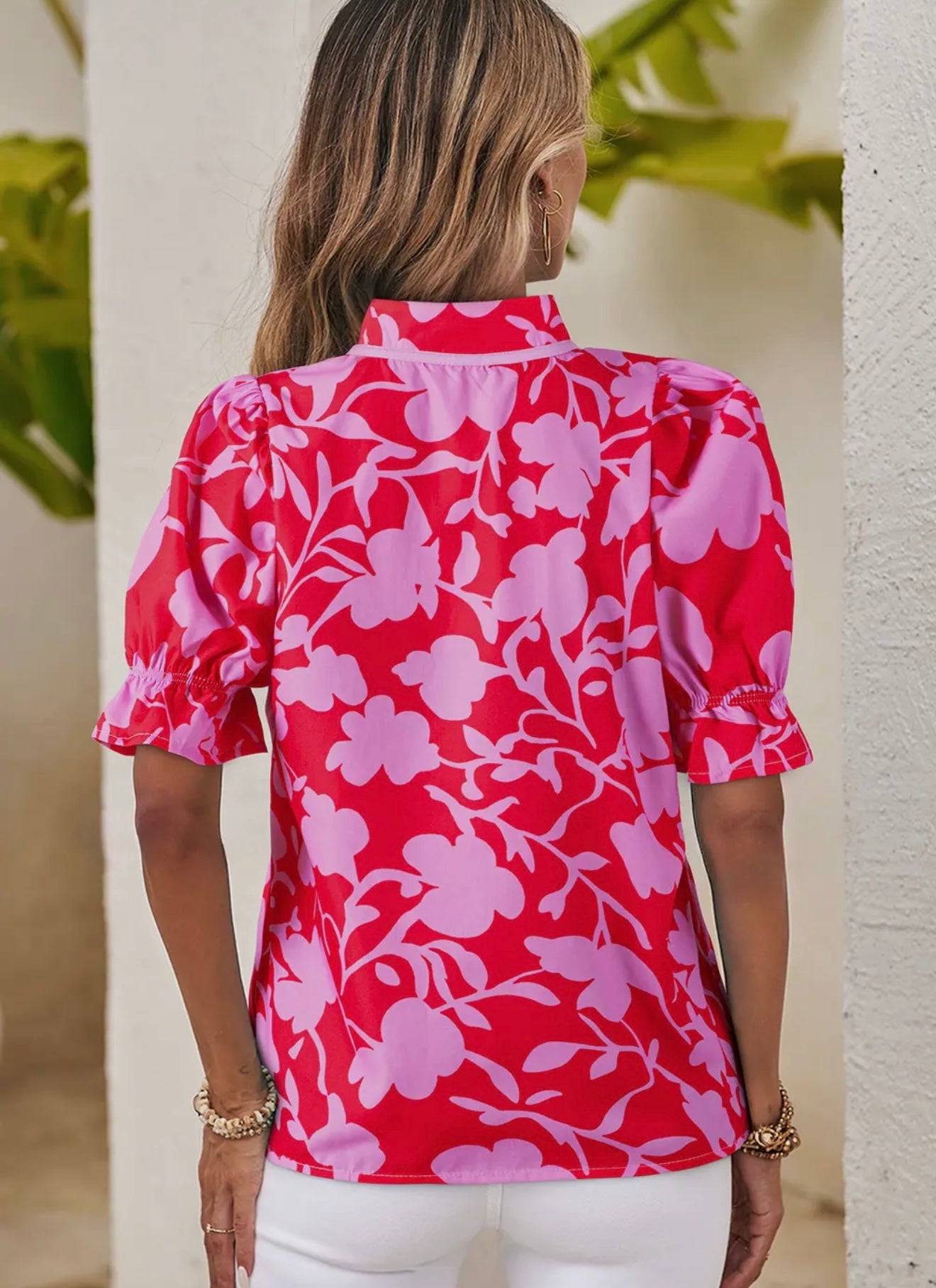Pink and red floral blouse