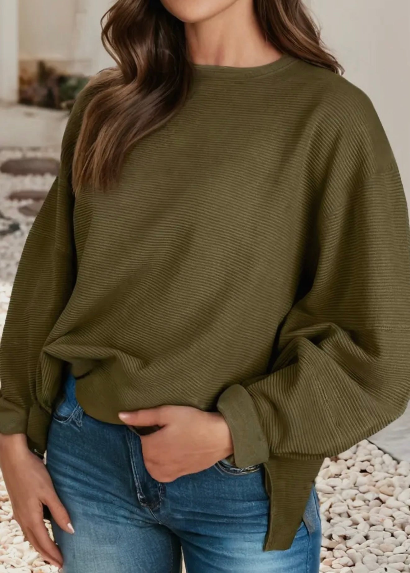 Ribbed loose long sleeve top- moss