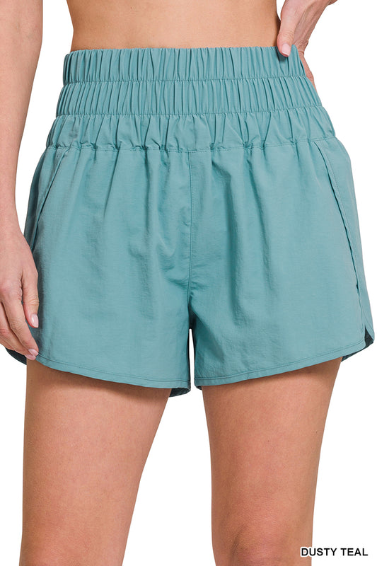 Windbreaker smocked running shorts dusty teal