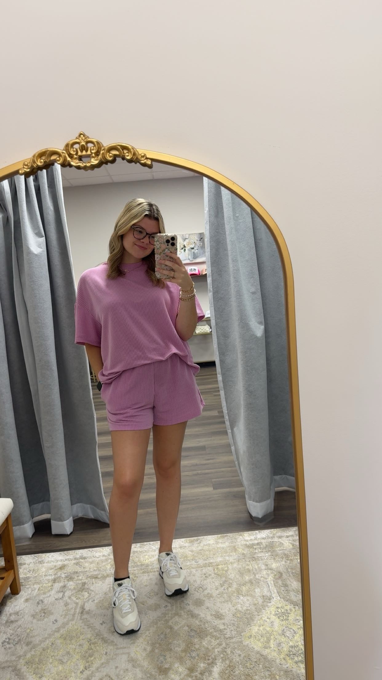 Pink ribbed shorts set