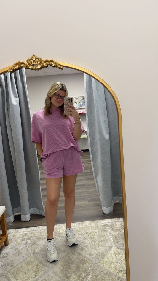 Pink ribbed shorts set