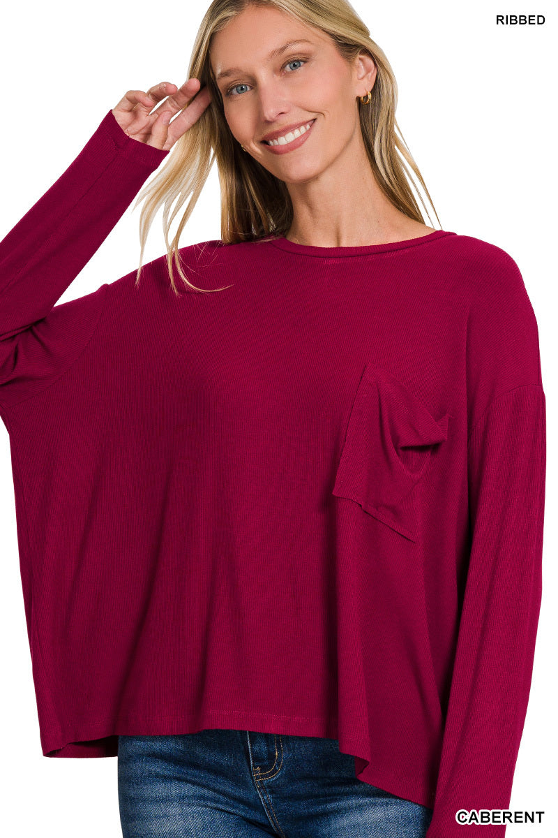 Ribbed span dolman top-Cabernet
