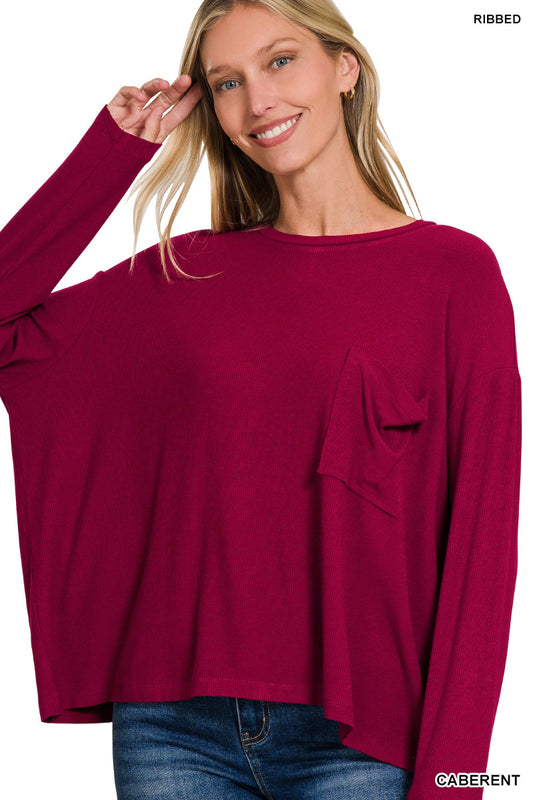 Ribbed span dolman top-Cabernet