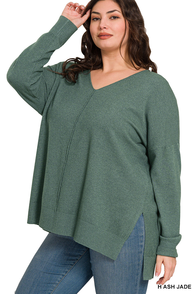 Plus hi-low v-neck sweater- ash jade