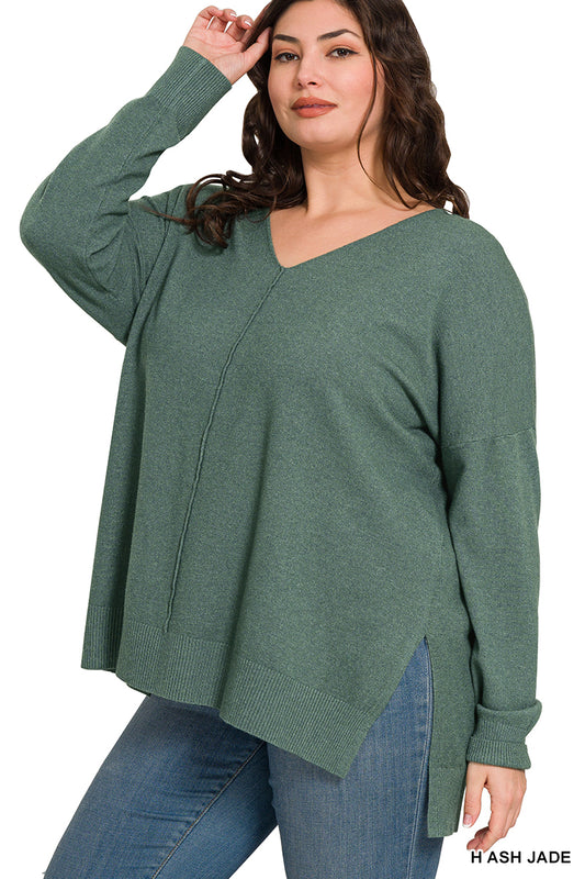 Plus hi-low v-neck sweater- ash jade