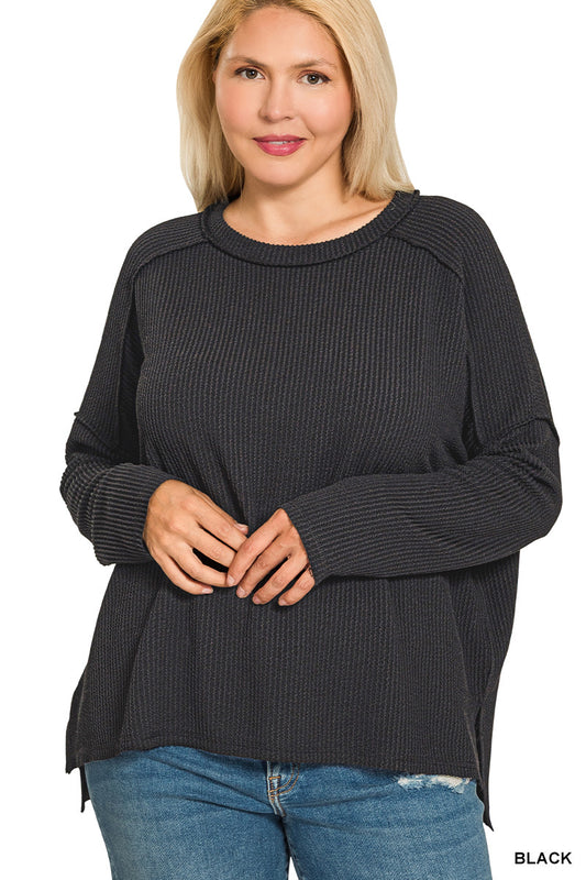 Plus rib raw edge long sleeve top-black