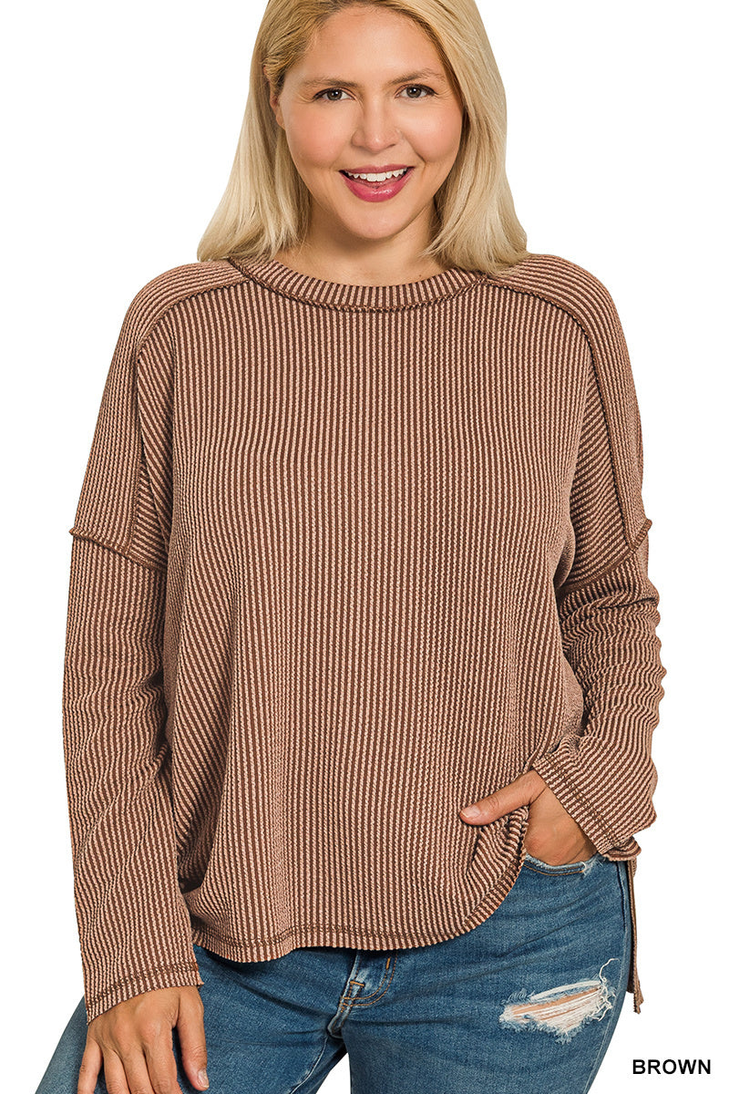 Plus rib raw edge long sleeve top-brown