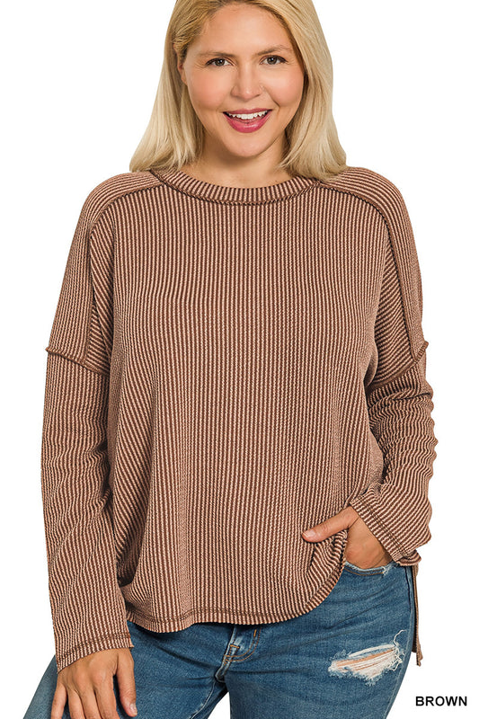 Plus rib raw edge long sleeve top-brown