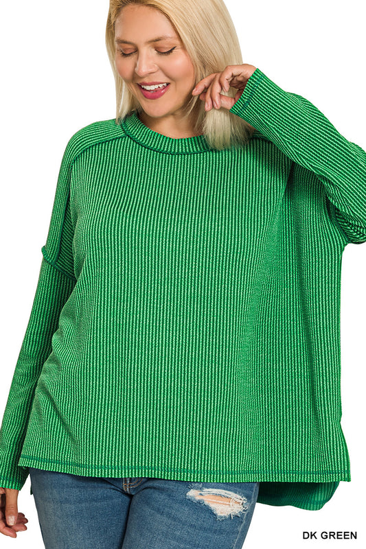 Plus raised rib raw edge long sleeve top- green