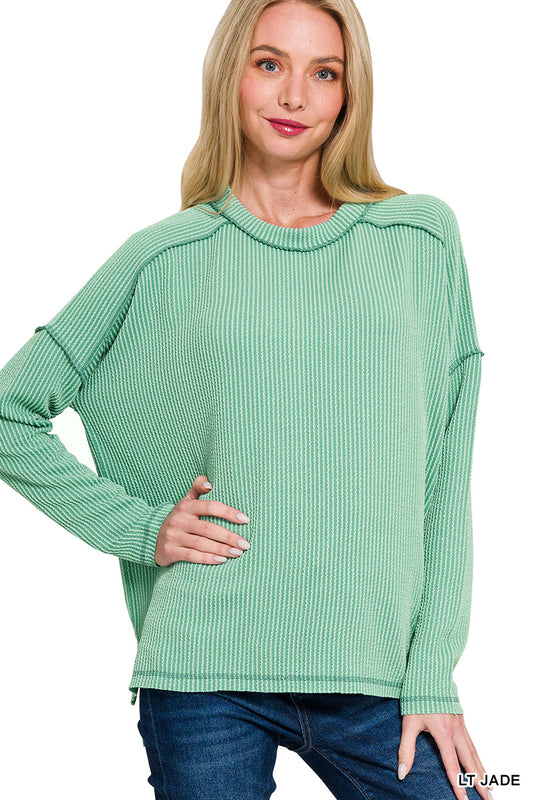 Raised rib raw edge long sleeve top- lt jade