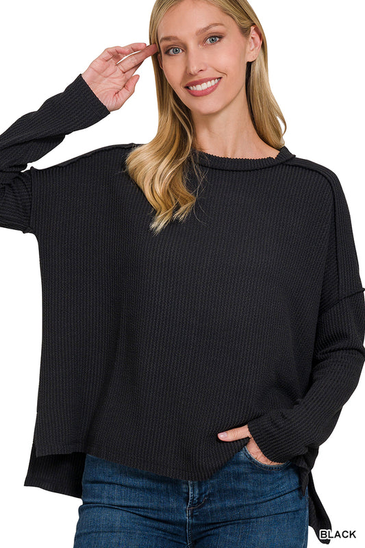 Raised rib raw edge long sleeve top- black