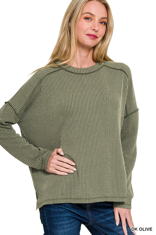 Raised rib raw edge long sleeve top- olive green