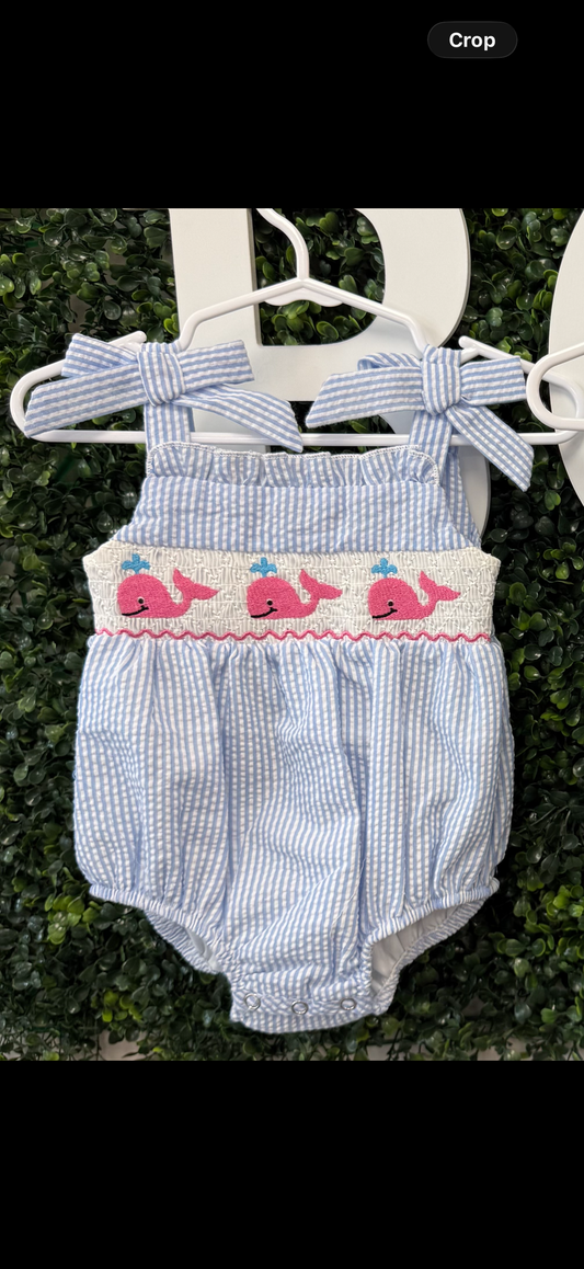 Rylee Faith Pink whale seersucker bubble