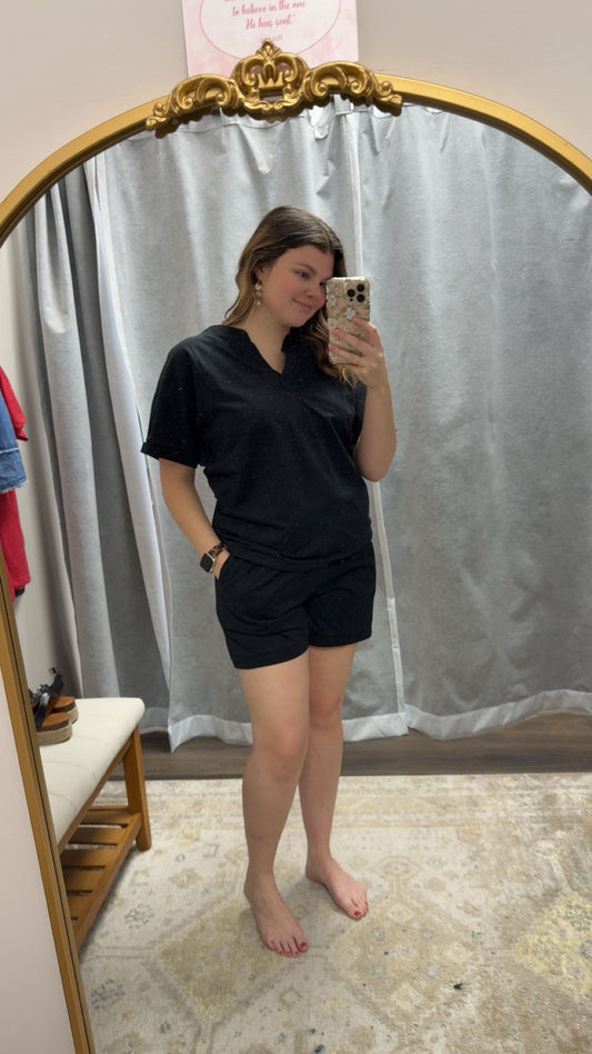 Black V-neck drawstring shorts 2pc set